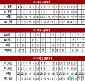 vans鞋碼偏大還是偏小？vans鞋碼對(duì)照表